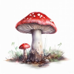 forest mushroom pastels red color sitting ground illustration spell icon reds vivid highly poisonous assets white cap used bright, generative ai