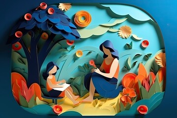 Mother and daughter orange dresses having a picnic on a sunny day, mother's day, surrounded by colorful flowers and greenery, paper cut style, 8K vibrant colors, Generative AI, Generative, AI