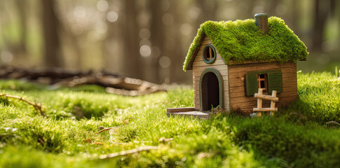 Miniature house in spring grass, moss and ferns on a sunny day created with Generative AI technology - obrazy, fototapety, plakaty