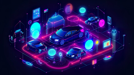 Futuristic illustration showcasing the potential of connected cars, with IoT and smart technologies, neon, AI generative digital illustration