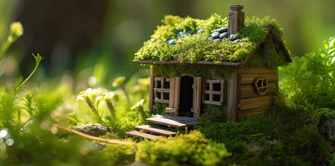 Fototapeta na wymiar Miniature house in spring grass, moss and ferns on a sunny day created with Generative AI technology