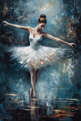 palette knife woman white dress standing deep modern glamour tutu feathers pointe pose painted oil colors emotional sad thick layers rhythms two feet ultra soft, generative ai - obrazy, fototapety, plakaty