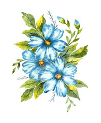 Watercolor illustration of a bouquet of blue crimson flowers. Colors indigo, cobalt, azure and classic blue. Great pattern for kitchen, home decor, stationery, wedding invitations and clothing print.