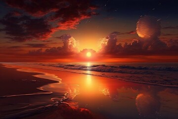 Naklejka na ściany i meble spectacular sunset with warm and orange tones on the horizon, photorealistic created by generative AI