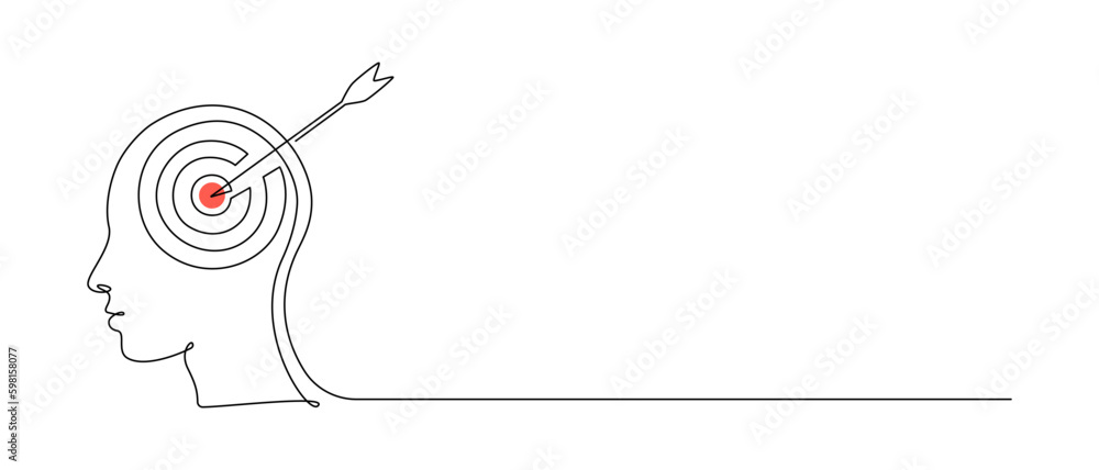 Aufkleber One continuous line drawing of head with target and arrow. Mental health and success focus concept in simple linear style. Editable stroke. Doodle vector illustration Generative AI