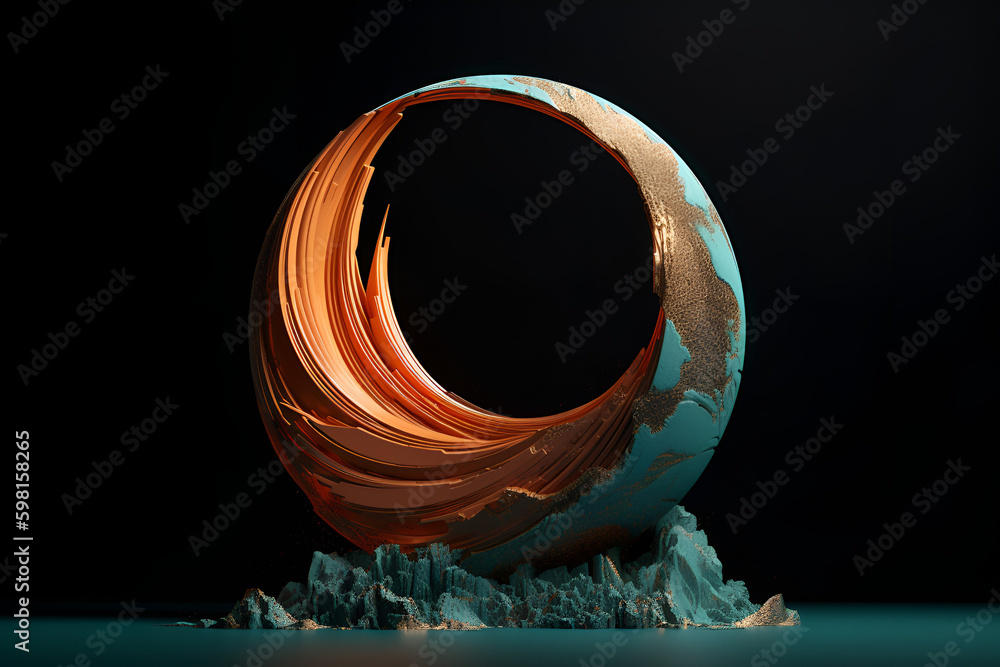 Wall mural 3d rendered oil painting of a swirly object, in the style of minimalistic landscapes, dark cyan and gold, dimitry roulland. Ai Generate.