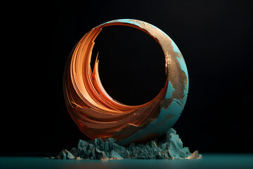 3d rendered oil painting of a swirly object, in the style of minimalistic landscapes, dark cyan and gold, dimitry roulland. Ai Generate.
