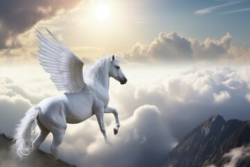 Plakat Fairy pegasus in the mountains above the clouds, selective focus. AI generated, human enhanced