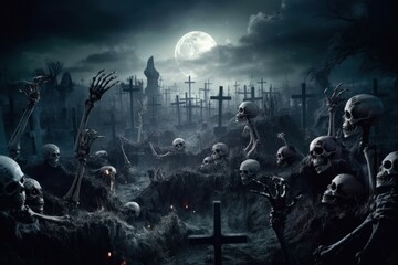 Zombies Rising In Dark. Bones And Skulls Out Of A Cemetery. AI generated, human enhanced