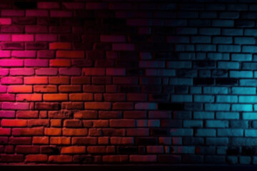 Fototapeta na wymiar Blurred brick wall background with neon light. Defocused back. Bokeh blank, graphic resource. AI generated