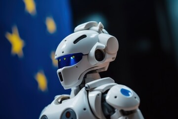 A robot with artificial intelligence on neural networks on a blurred background of the EU flag. AI generated