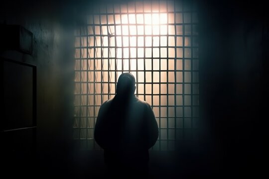 Hacker in prison cell. Selective focus. AI generated, human enhanced