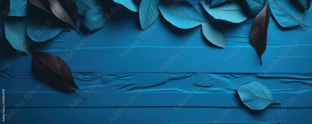 Poster a vignette of petals and leaves showcased in a brightblue frame.. ai generation. generative ai