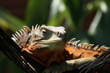 Obraz premium An Iguanazomus sun in a hammock. AI generation. Generative AI