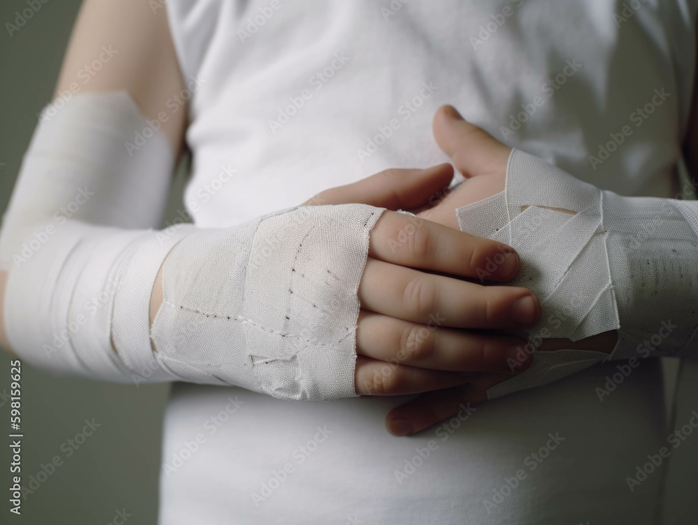 Poster a little boys scratched and bruised arms being bandaged.. ai generation. generative ai