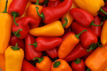 Yellow and red hot chili peppers as background, top view
