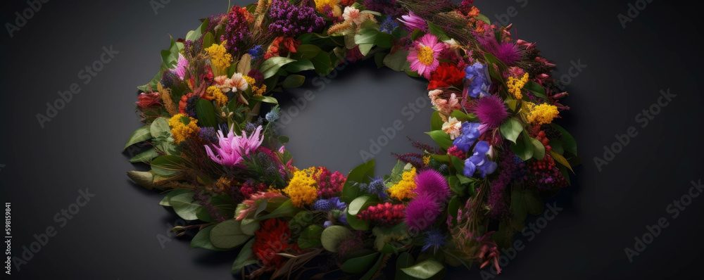 Poster an enchanting wreath of vibrant hues artfully arranged and adorned with graceful foliage.. ai genera