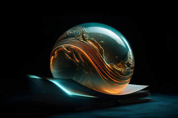 a glowing sphere placed on top of a book, in the style of flowing forms, photorealistic fantasies, glassy translucence. Ai Generate