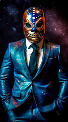 Masked Cosmic Lucha Libre wrestler wearing a shiny stylish teal suit with hands in pocket in front of a dark space nebula in the background made by Generative AI