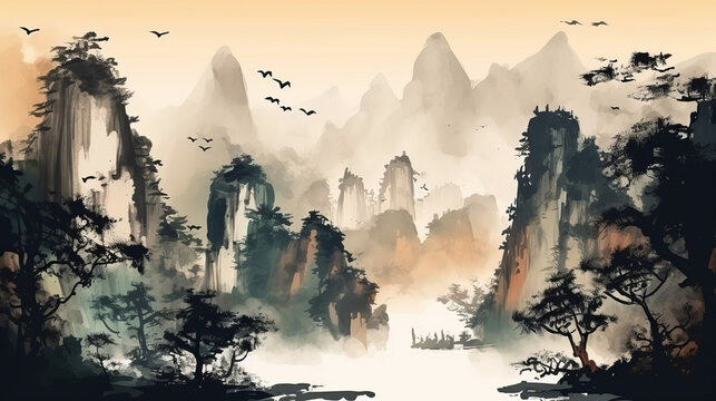 Chinese painting style landscape. asian traditional culture. illustration, drawing, image created with ai. relaxation. tranquillity