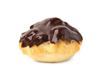 One delicious profiterole with chocolate spread isolated on white