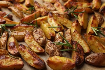 Tasty baked potato and aromatic rosemary on parchment paper, closeup
