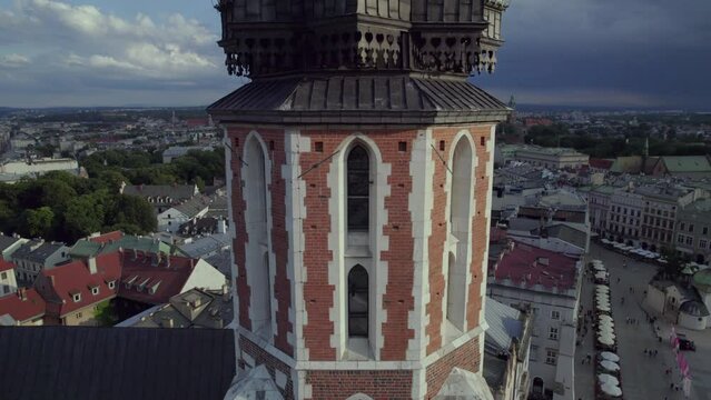 Spectacular Aerial View of St. Mary's Basilica Tower and the Famous Hejnał at Krakow's Main Square