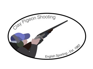 Clay Pigeon or hunting logo vector in an oval shape with man aiming a shotgun