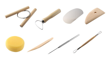 Set of pottery tools on white background
