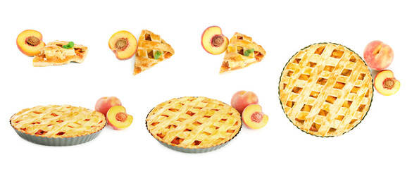 Collage with delicious peach pie on white background, different sides
