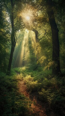 Beautiful rays of sunlight in a green forest. AI generative