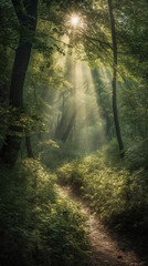 Fototapeta premium Beautiful rays of sunlight in a green forest. AI generative