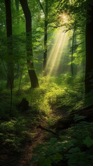 Beautiful rays of sunlight in a green forest. AI generative