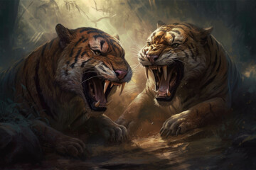 Obraz premium Two sabertoothed tigers circled each other slowly their sharp teeth glimmering as they prepared to fight.. AI generation. Generative AI