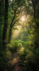Obraz premium Beautiful rays of sunlight in a green forest. AI generative