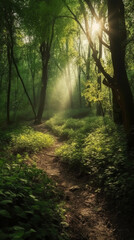 Fototapeta na wymiar Beautiful rays of sunlight in a green forest. AI generative