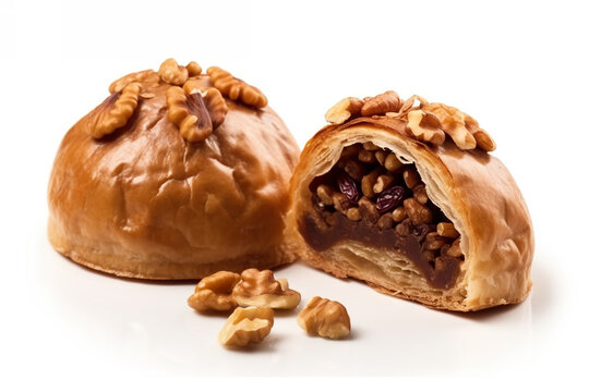 Hodugwaja: Walnut-shaped pastry filled with sweet red bean paste, vut in half, AI generative.