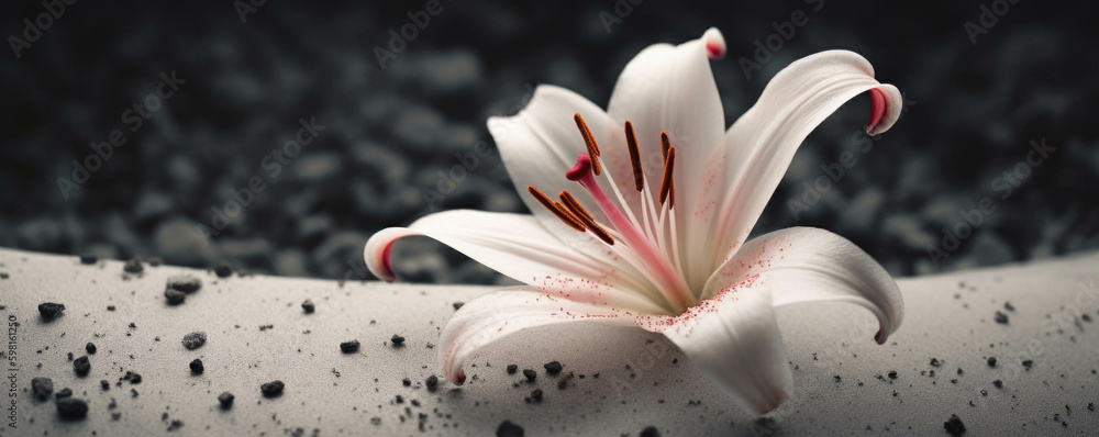 Poster a single lily perched atop a mound of petals.. ai generation. generative ai