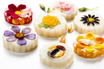 Fototapeta na wymiar Hwajeon: Flower-shaped rice cakes with sweet toppings, honey or nuts with flowers. AI generative.