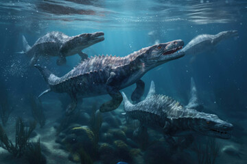 A group of water dinosaurs hunting their prey in the depths of the ocean.. AI generation. Generative AI