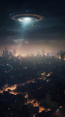A UFO flies over a crowded city at night. AI generated image.