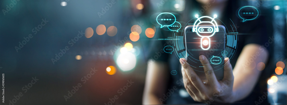 Poster Woman online chatting with AI chat bot on smartphone. Artificial intelligence robot innovation technology communicate and answer questions with smart conversation and provide creative solution ideas.