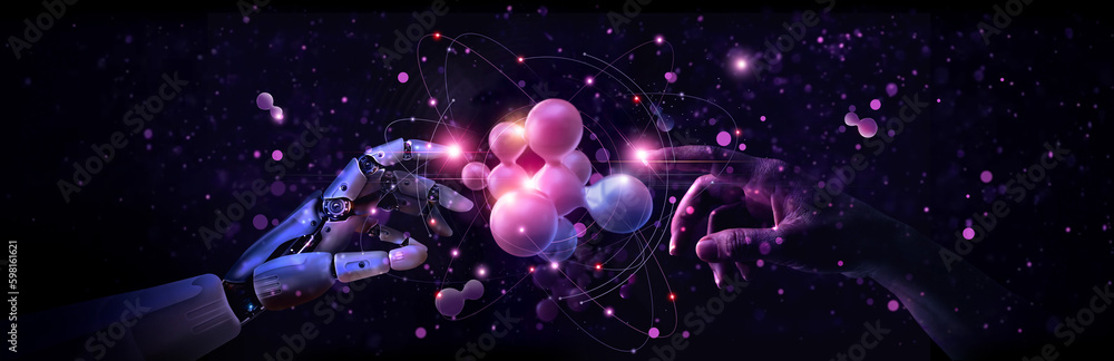 Aufkleber science, ai, machine learning, hands of robot and human touching on big data network connection, art