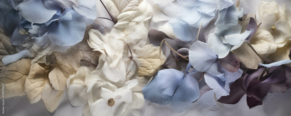 Poster a spray of pale blue petals filled with hints of summer.. ai generation. generative ai