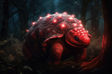 A Glyptodon roaring into the night with its eyes glowing red.. AI generation. Generative AI