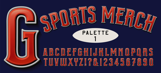 A condensed alphabet with 3d effects, ideal for sports merchandising, t-shirts, sweats, hats, banners, etc.