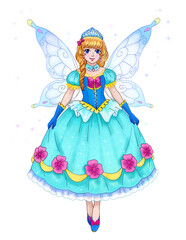 isolated colorful drawing of a beautiful winged fairytale princess 