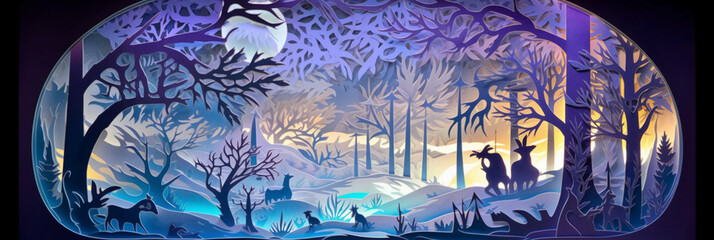 Fairy tale, Christmas scene, winter window, wonderland, paper cut craft, paper illustration. AI generative