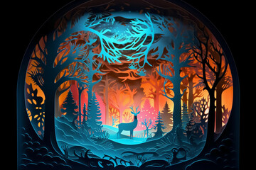 Fairy tale, Christmas scene, winter window, wonderland, paper cut craft, paper illustration. AI generative