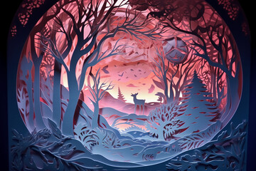 Fototapeta premium Fairy tale, Christmas scene, winter window, wonderland, paper cut craft, paper illustration. AI generative